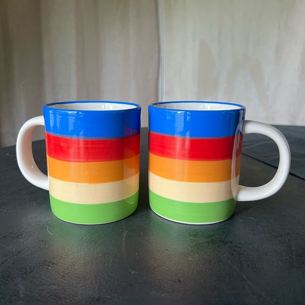 Rainbow Stripe Coffee Mugs Set of 2 Hand painted Cocoa Colorful Happy VTG Hot